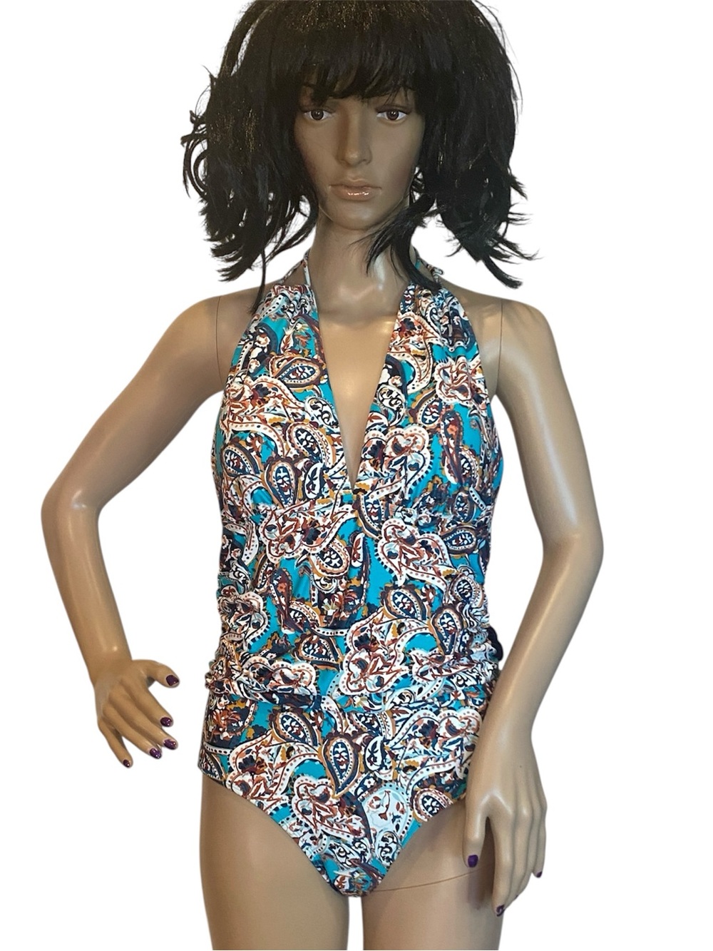Knox Rose One-Piece Swim Bathing Suit Teals Browns Paisley Print Size Medium NWT